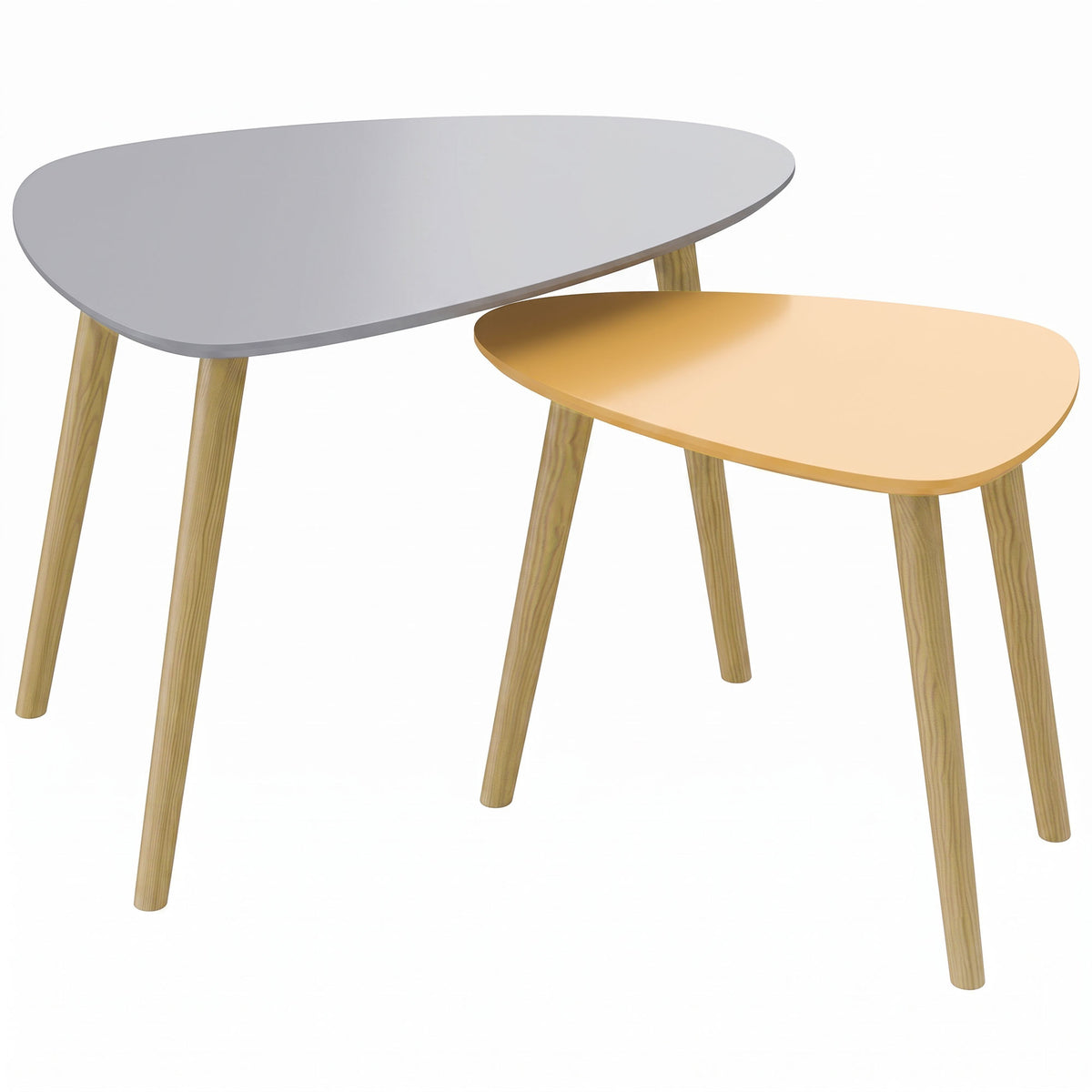 Lot de 2 tables basses gigognes design scandinave pieds en bois et plateau en bois, gris et jaune-0
