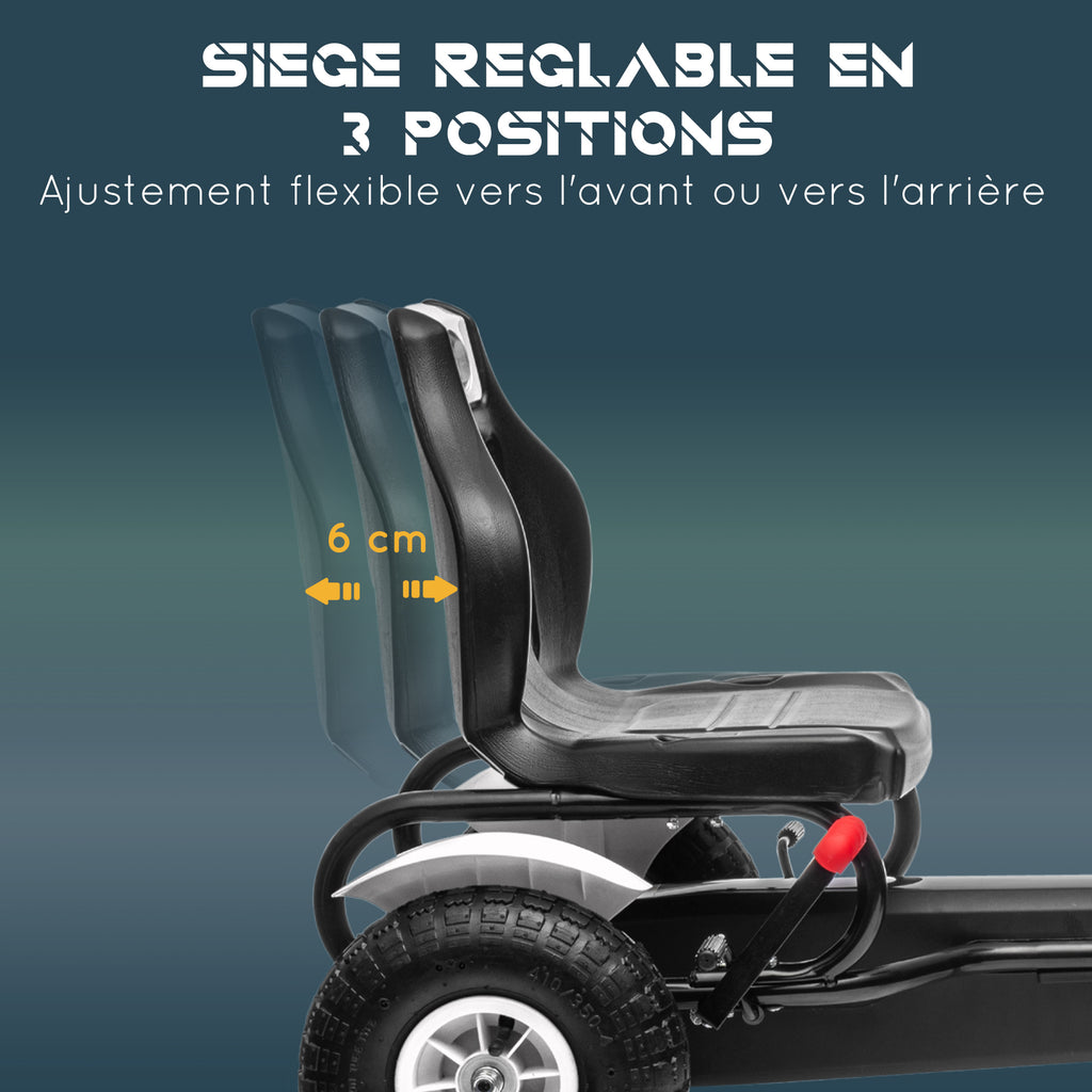 Kart à pédales pour enfant siège réglable 3 positions frein à main enfant de 5 à 12 ans blanc noir-3