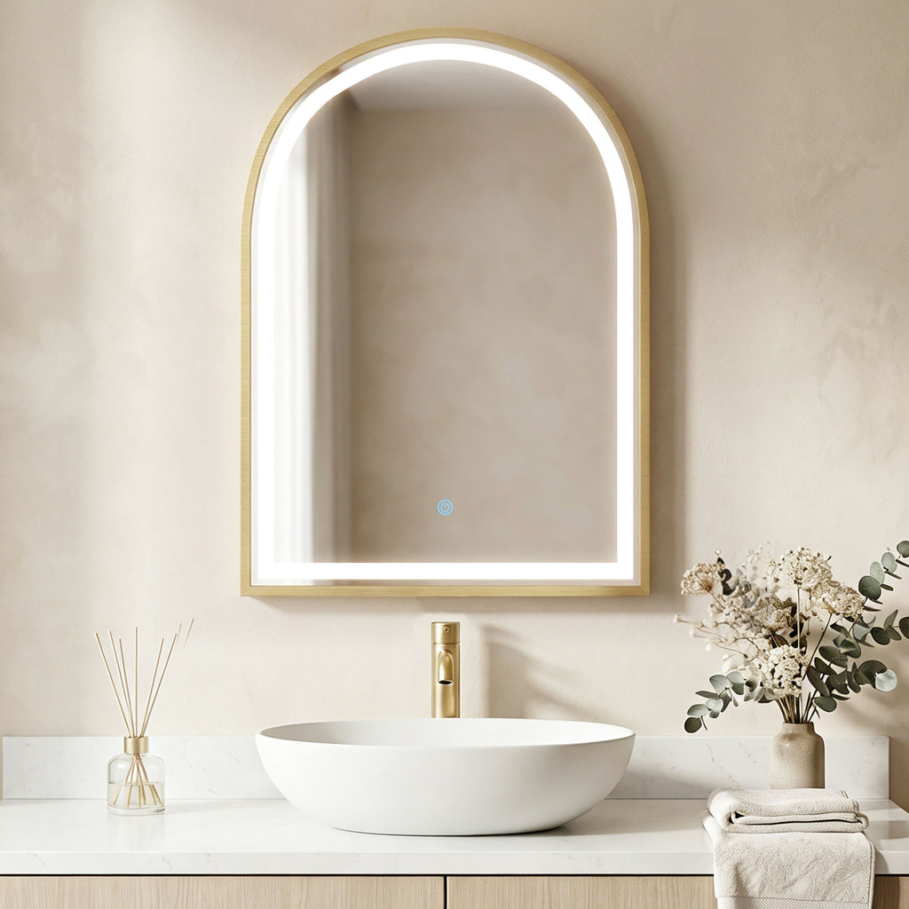 Armoire murale salle de bain avec miroir et éclairage LED, porte arquée, anti-buée, 50x14,5x70cm, doré-9