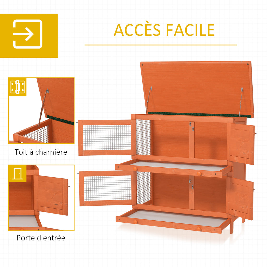 Clapier à lapin cage à lapin double niveau plateaux coulissants 4 portes verrouillables toit ouvrant 90L x 45l x 90H cm-4