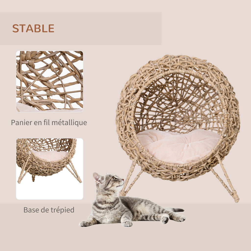 Panier chat lit surélevé chat cosy niche grotte grand confort dim. Ø 52 x 58H cm coussin moelleux inclus résine tressée imitation rotin beige-4