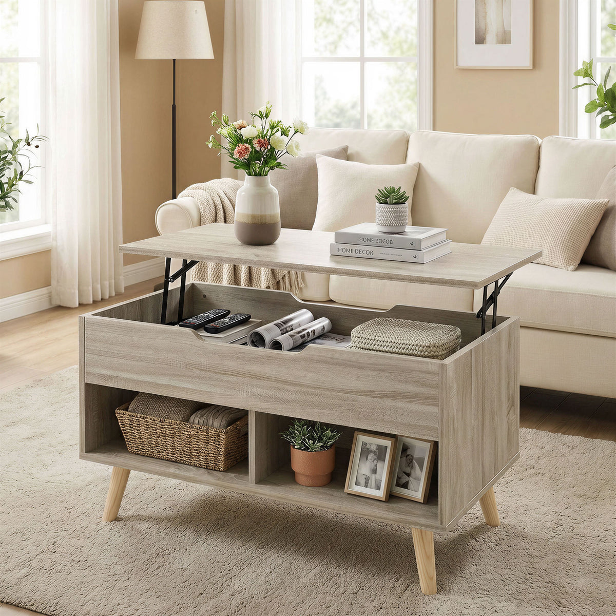 Table basse relevable, table de salon avec compartiment caché et étagères ouvertes, 75 x 40 x 58 cm, bois naturel-1