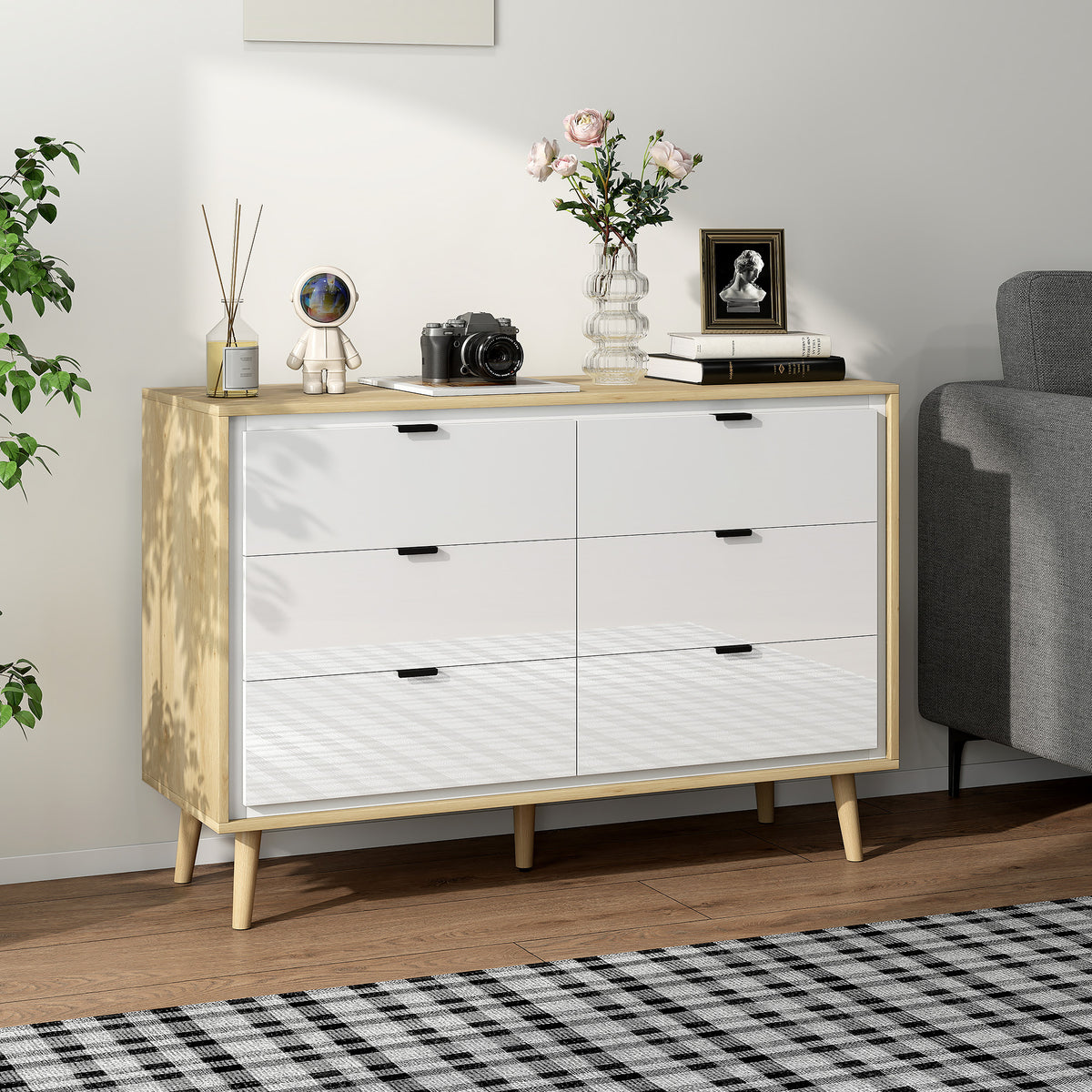 Commode 6 tiroirs, meuble de rangement à haute brillance, 5 pieds en bois, 110 x 40 x 75 cm, blanc et chêne-1