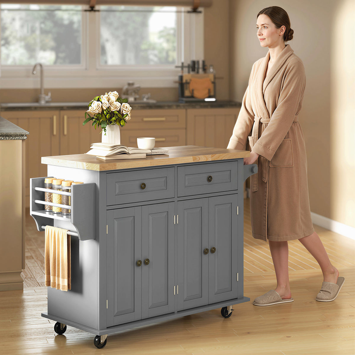 Îlot Central Cuisine avec Plateau en Hévéa, Desserte de Cuisine sur Roulettes avec 2 Tiroirs, 111 x 44,5 x 82,5 cm, Gris-7