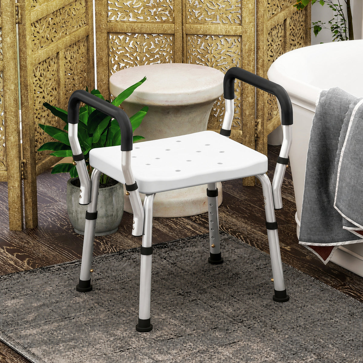 Tabouret de douche pour personnes âgées et handicapées avec accoudoirs, hauteur réglable, patins antidérapants, blanc-1