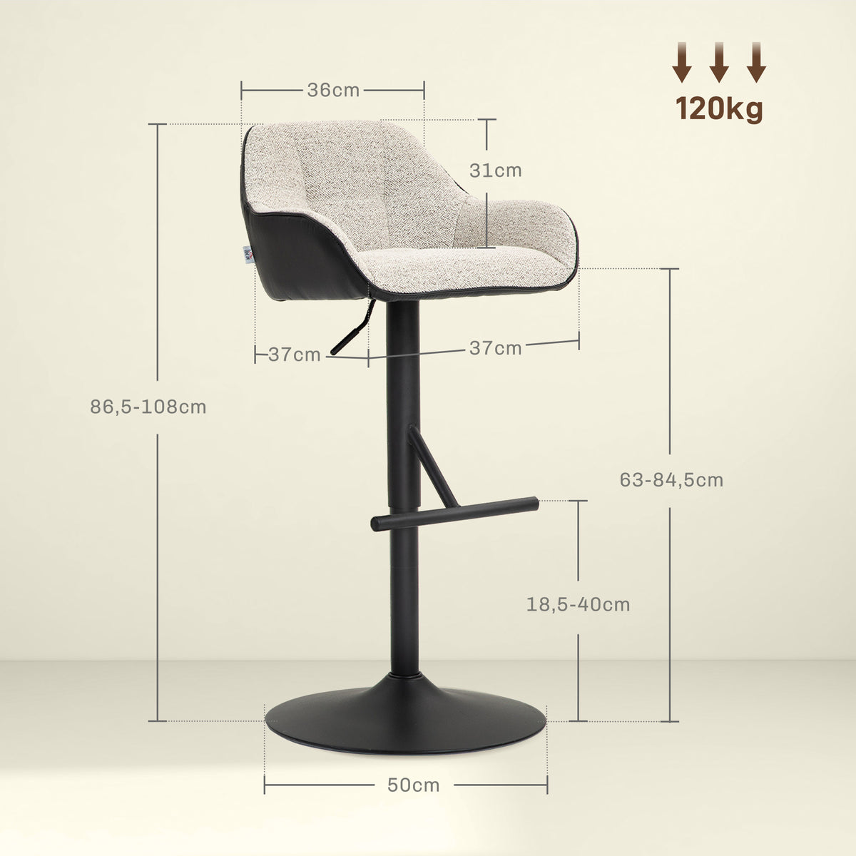 Lot de 2 tabourets de bar chaises de bar hauteur réglable tissu effet lin et base en acier 52,5 x 53 x 86,5-108 cm gris-2