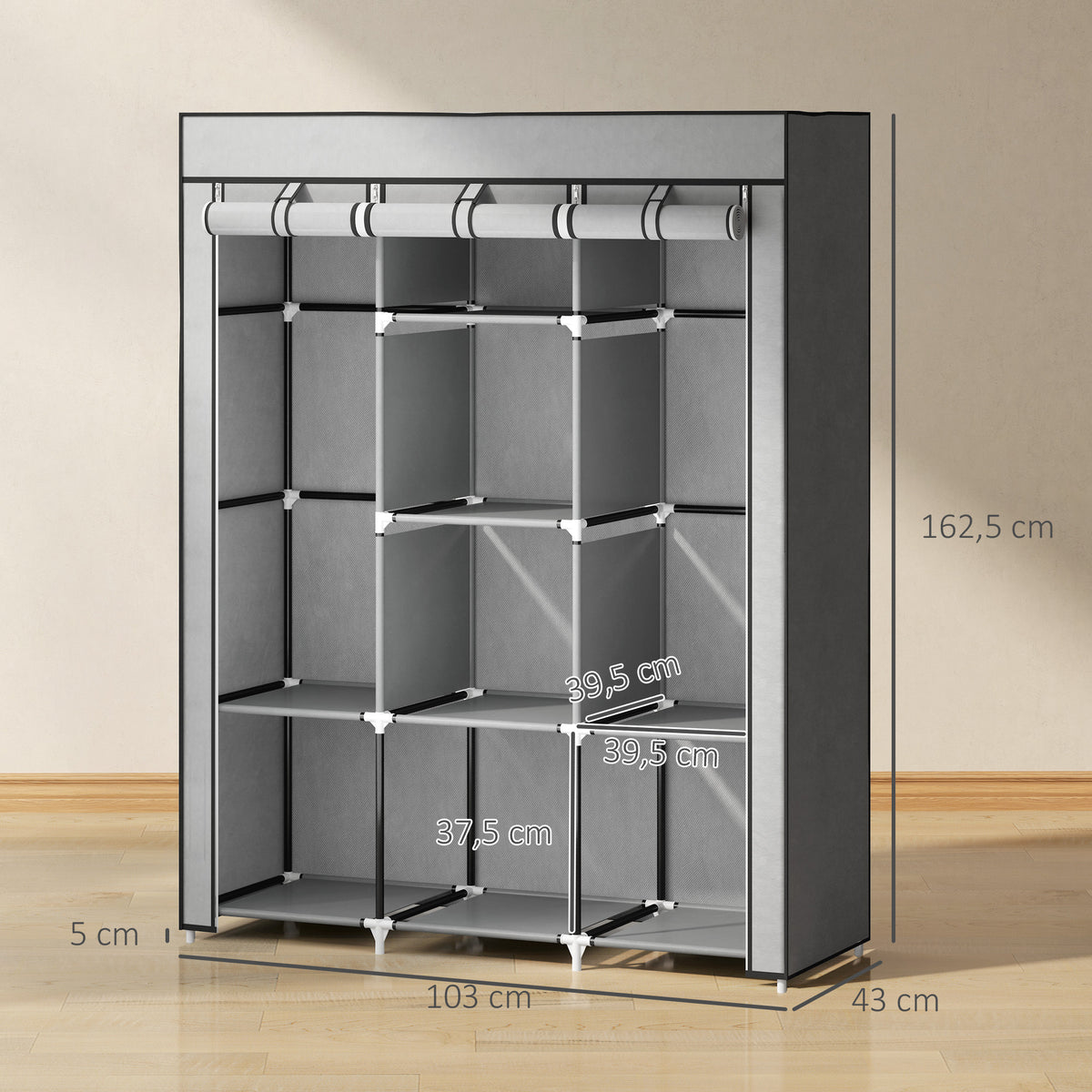 Armoire penderie multi-rangement - 8 étagères, 2 barres - non tissé gris clair-2