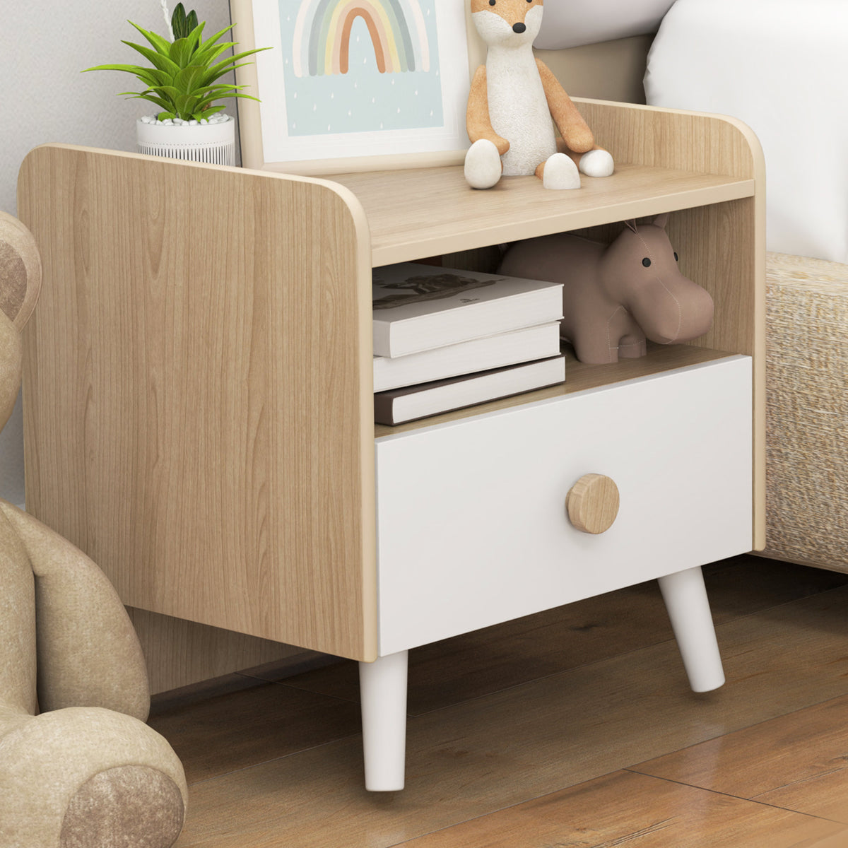 Table de chevet enfant table de nuit enfant avec tiroir et niche, petite table d'appoint en bois pour chambre d'enfant-8