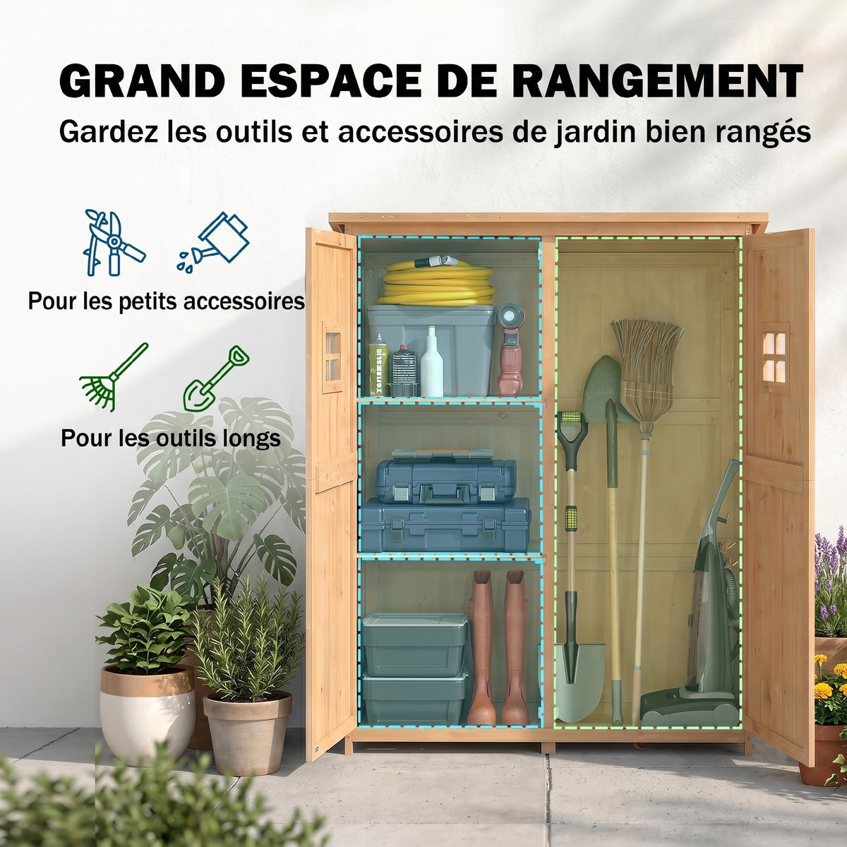 Abri de Jardin en bois Armoire de Jardin dim. 127,5L x 50l x 164H cm 2 étagères 2 Portes 2 fenêtres Toit bitumé étanche Bois Massif Sapin pré-huilé bois naturel-3