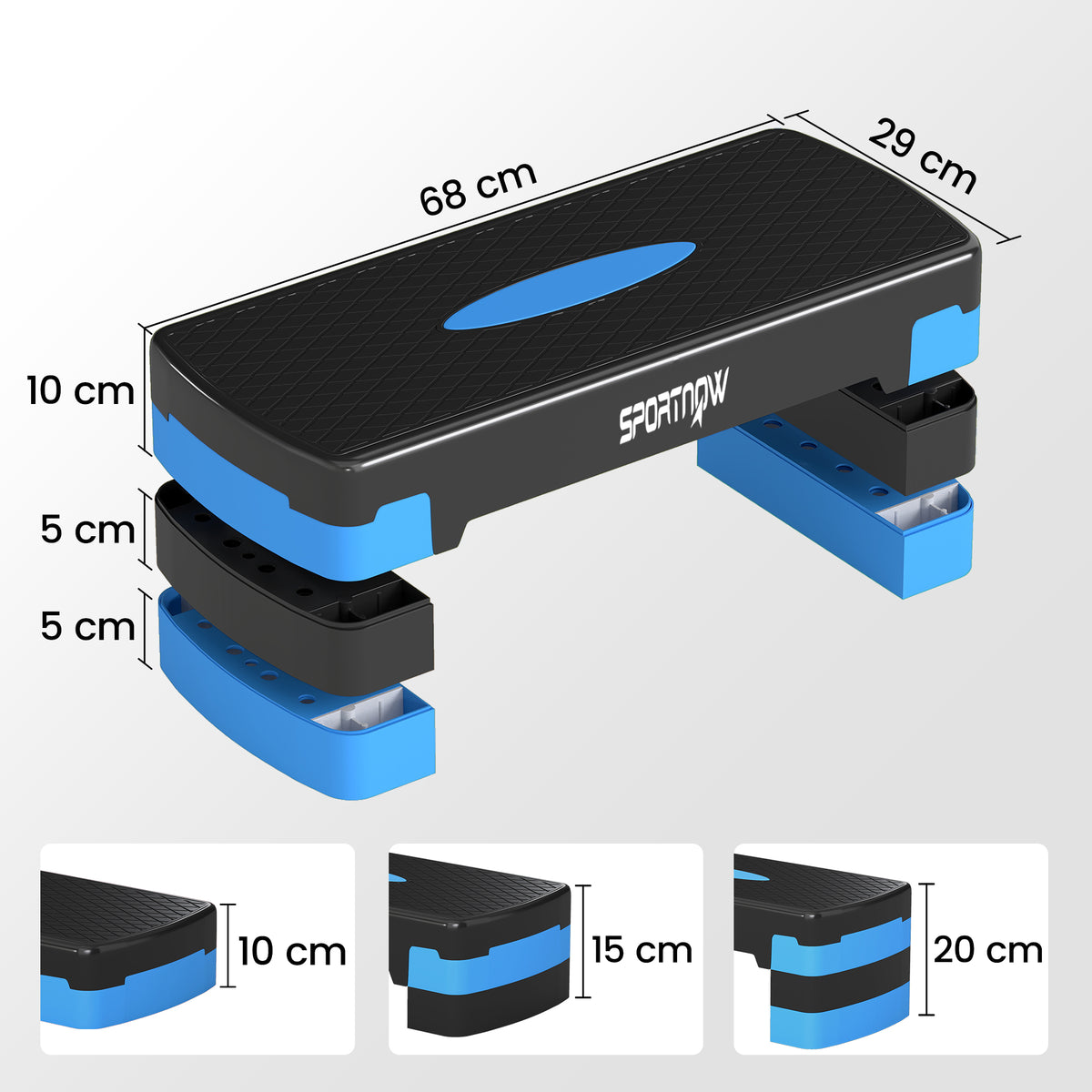Stepper Fitness Aérobic 3 Niveaux, Hauteur Réglable 10/15/20 cm avec Rehausses, Surface Antidérapante, 68x29x20cm, Bleu-2