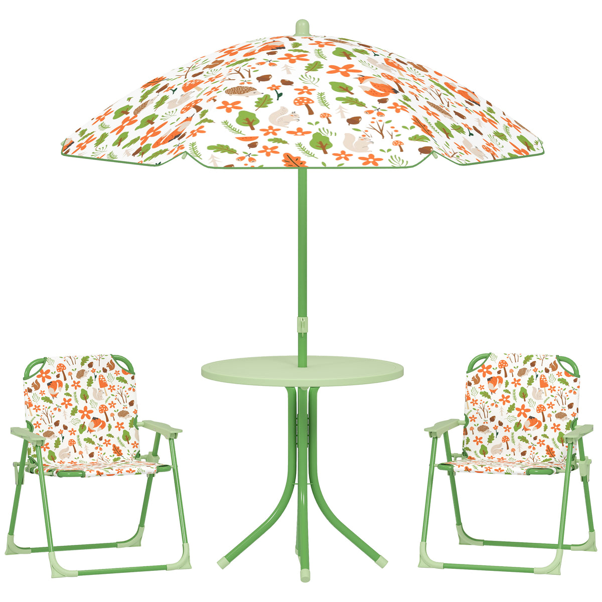 Ensemble salon de jardin extérieur enfant 4 pièces, motif éléphant et girafe, parasol réglable Ø 100 cm, chaise pliable-0