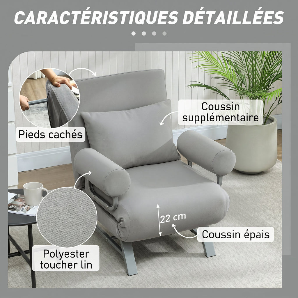 Fauteuil Convertible 1 Place, Fauteuil-Lit Pliable Rembourré en Lin avec Dossier Réglable, Oreiller, Gris Clair-5
