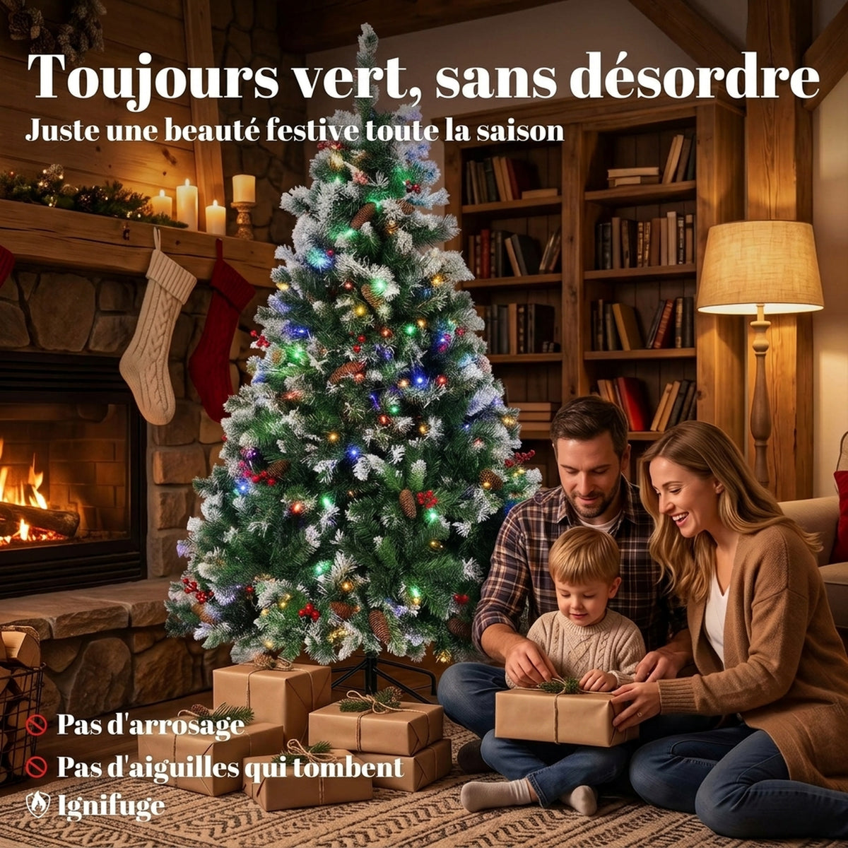 Sapin de Noël Artificiel Lumineux et Enneigé 150cm, Arbre de Noël, Télécommande, 11 Modes d'Éclairage, 210 LED, Vert-3