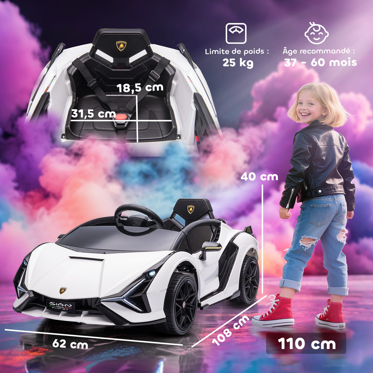 Voiture électrique Enfants de Sport Véhicule électrique Lamborghini Sian 12 V - V. Max. 5 Km/h avec Télécommande 2,4G Effets sonores + Lumineux Blanc-2