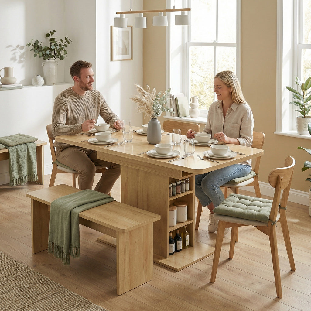 Table à manger extensible rectangle pour 4 à 6 personnes, table de cuisine 110-130 cm, 6 étagères ouvertes, bois naturel-9