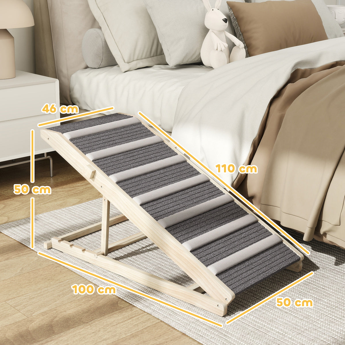 Rampe pour Chien en Bois avec Tapis Antidérapants, 4 Hauteurs Réglables de 35-50 cm, 100x50x50cm, Bois Naturel et Gris-2