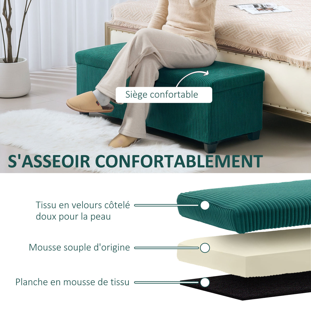 Banc de rangement bout de lit en velours côtelé avec couvercle, pour salon, chambre, entrée, 112 x 42 x 40 cm, vert-4
