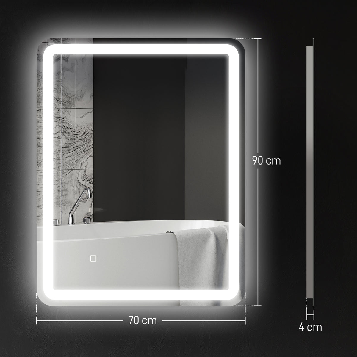 Miroir de salle de bain rectangulaire LED fonction anti-buée luminosité réglable fonction mémoire 70 x 90 cm argent-2