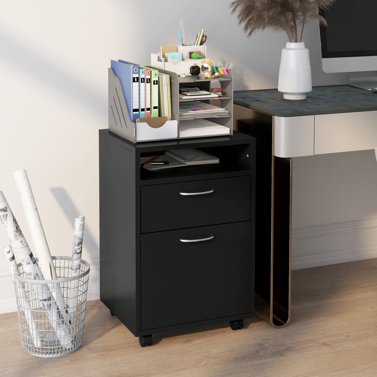 Caisson de bureau rangement bureau sur roulettes tiroir placard niche panneaux particules noir-7