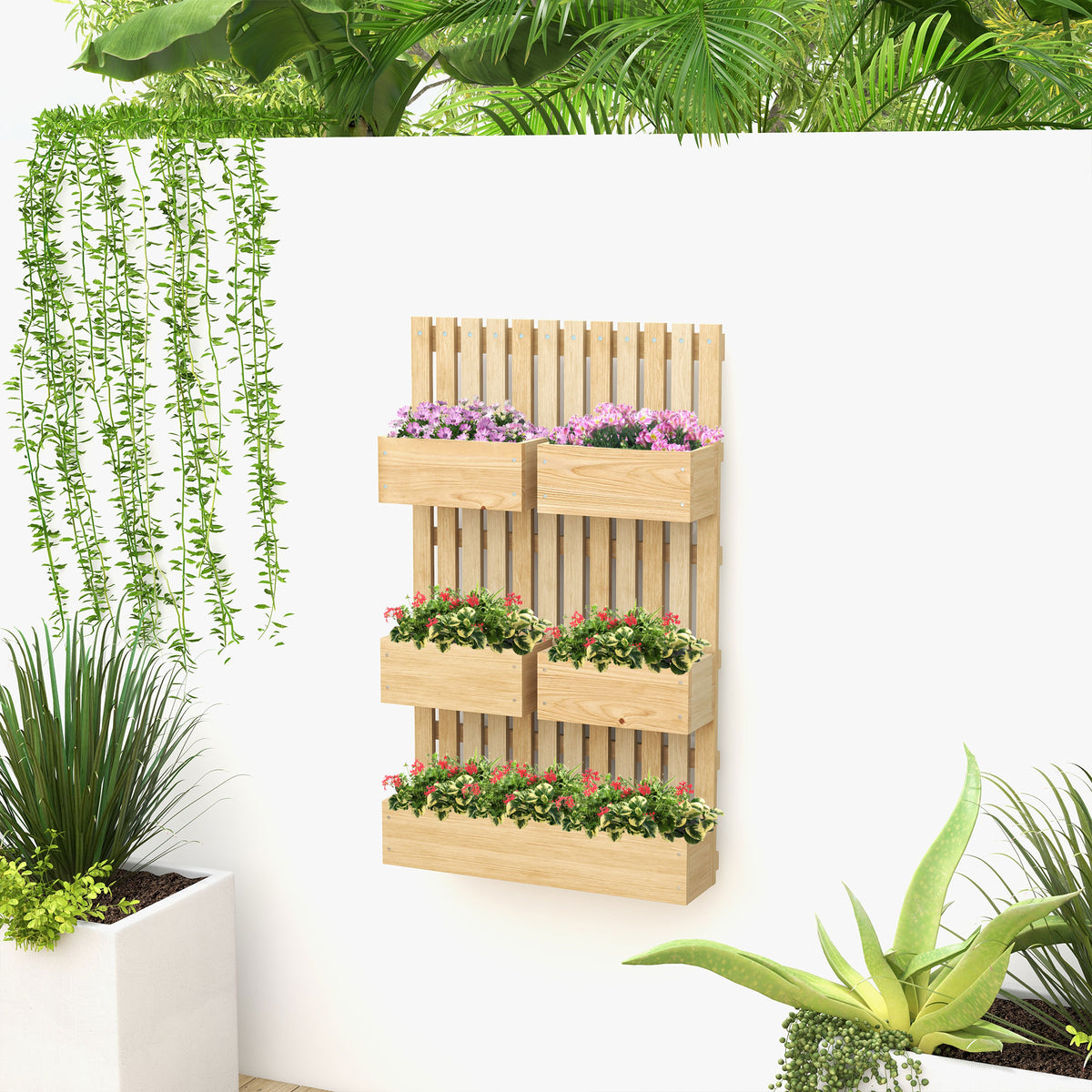 Jardinière murale potager avec 5 bacs treillis en bois massif amovibles 60 x 16 x 100 cm-1