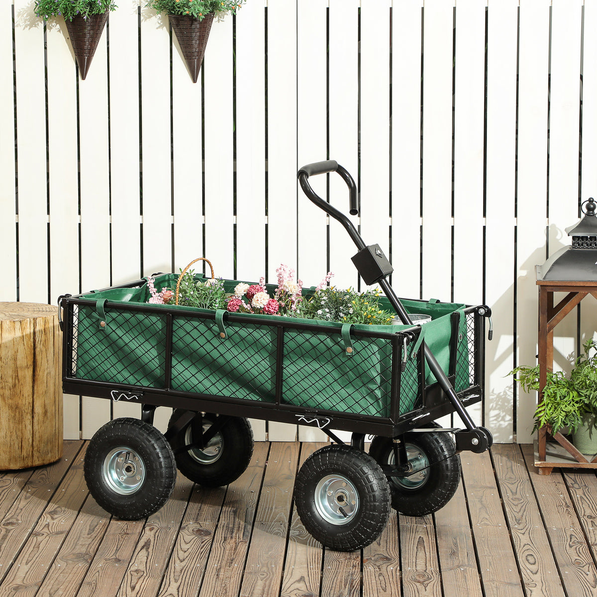 Chariot de Jardin 300 kg, Chariot Remorque avec Bâche Amovible et Poignée Rotative à 180°, Parois Rabattables, Vert-1