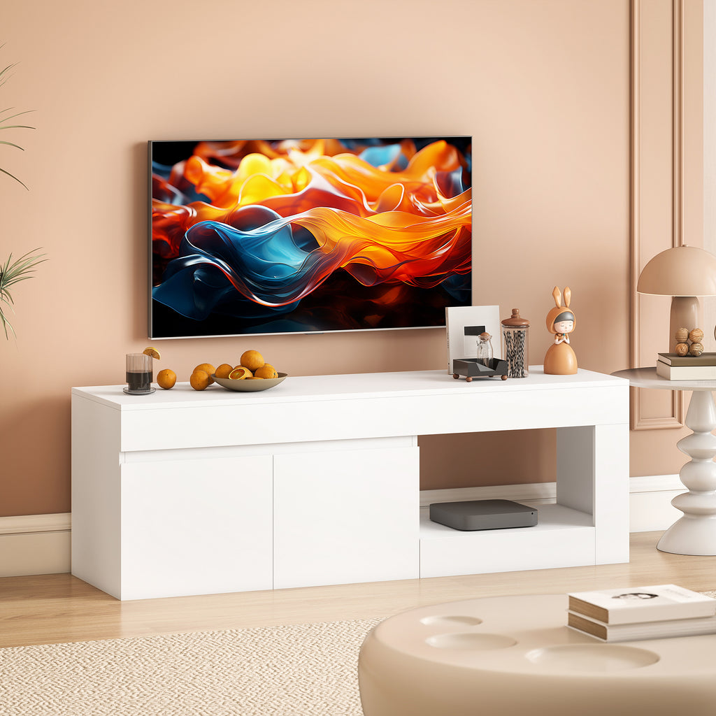 Meuble TV 2 portes pour téléviseurs jusqu'à 60 pouces, meuble télé avec placard et étagère ouverte, blanc-9