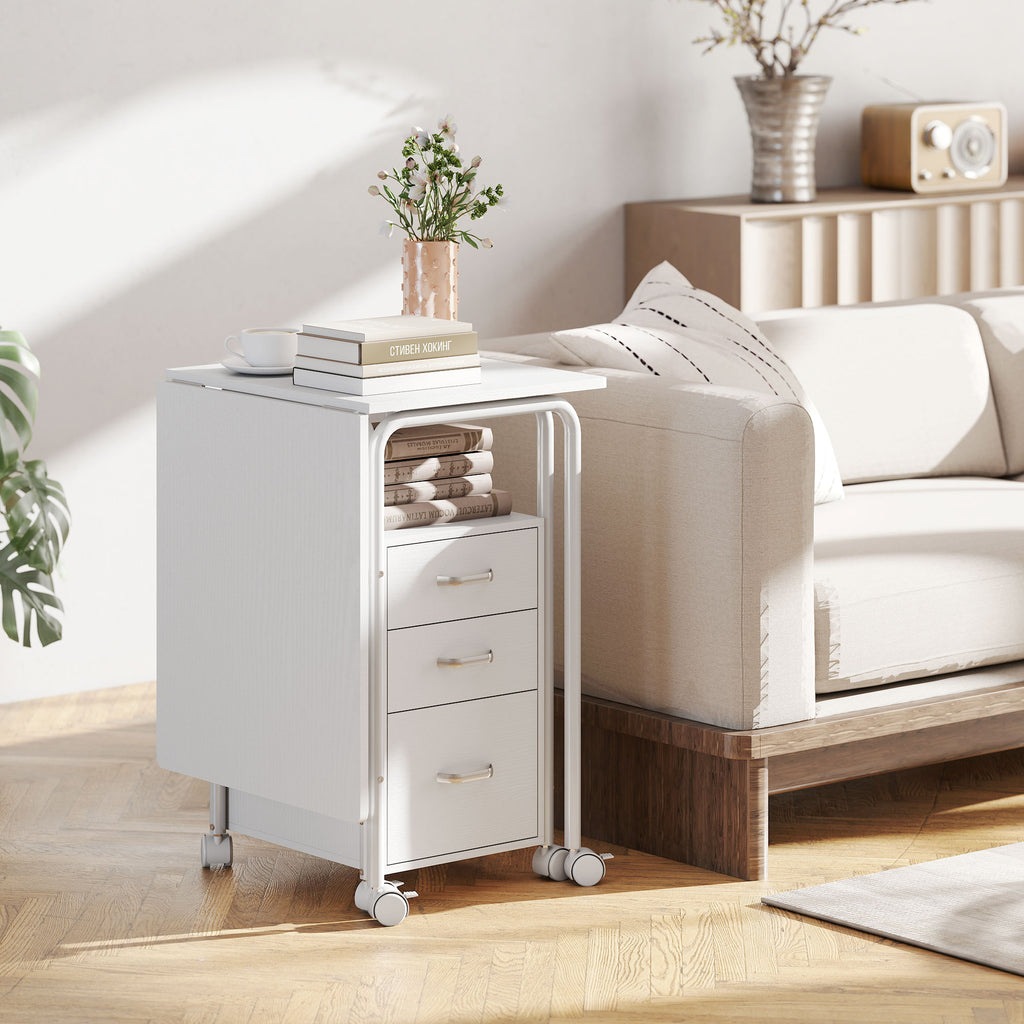 Bureau d'ordinateur pliable sur roulettes, bureau avec rangement, 3 tiroirs, plateau extensible, 105x51x75,5cm, blanc-8