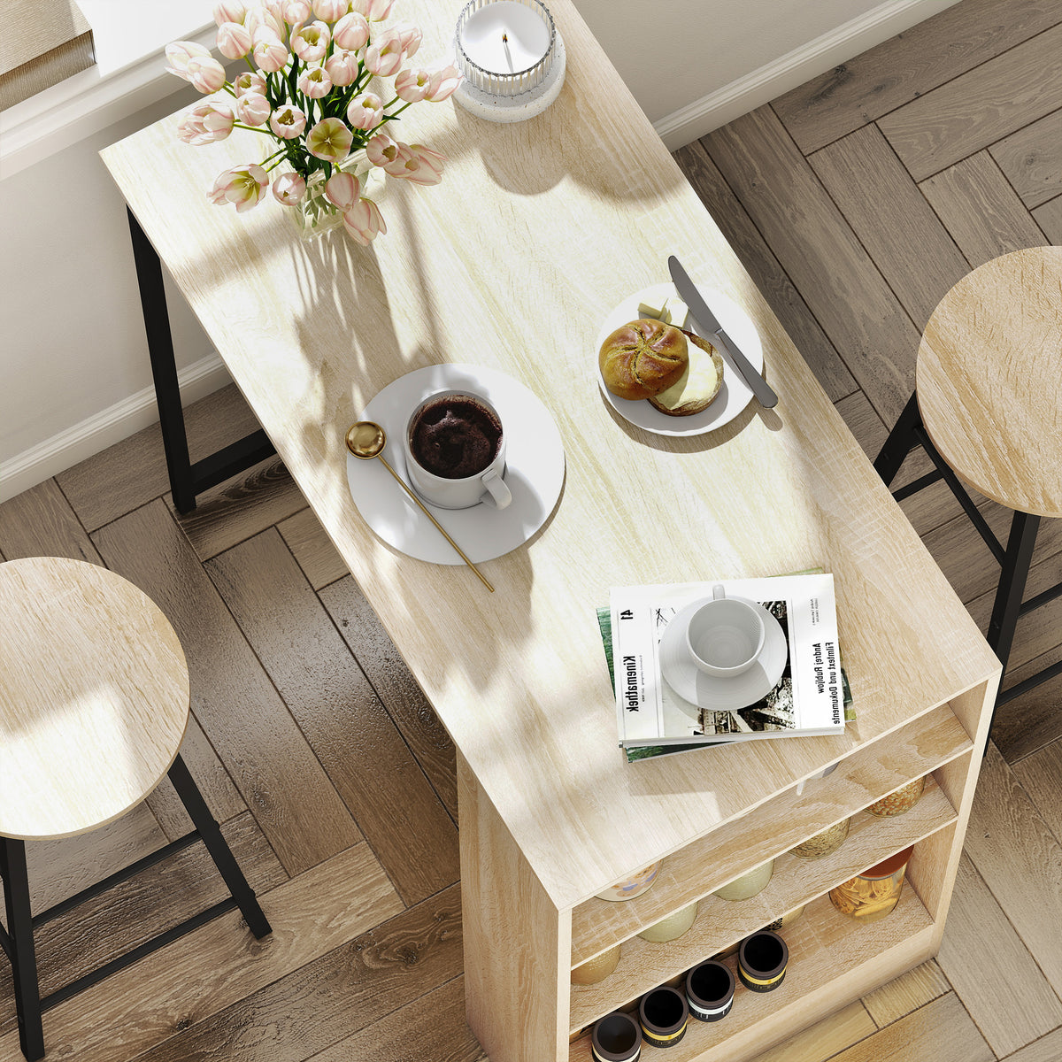 Ensemble table de bar avec tabourets, compartiments ouverts, étagère réglable et repose-pieds, chêne et noir-7