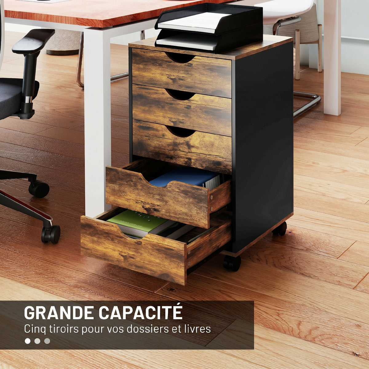 Caisson bureau mobile, meuble rangement sur roulettes avec 5 tiroirs, bois, 40 x 40 x 67 cm, marron-3