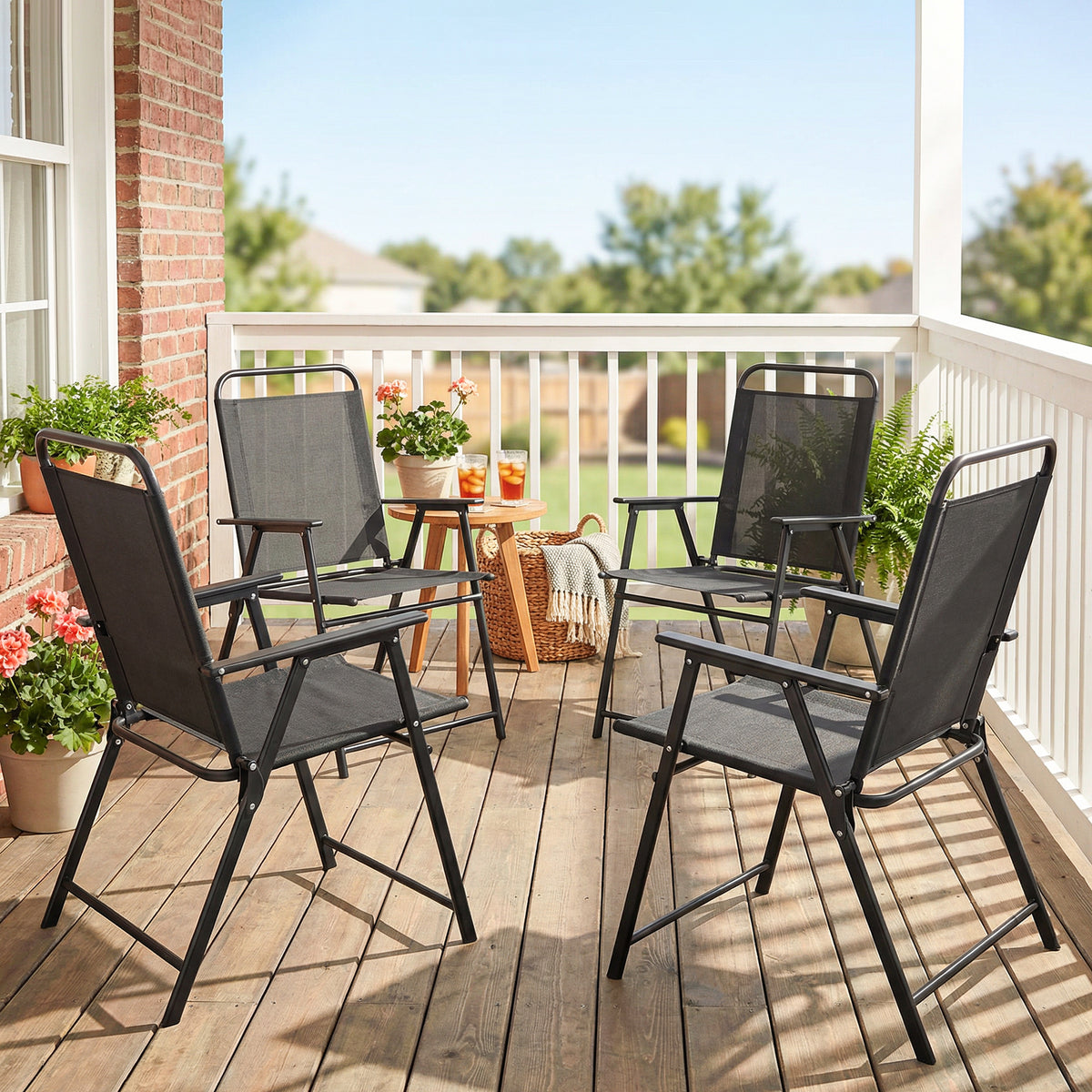Lot de 4 chaises de jardin pliantes avec accoudoirs, chaises d'extérieur avec assise large en textilène, noir-1