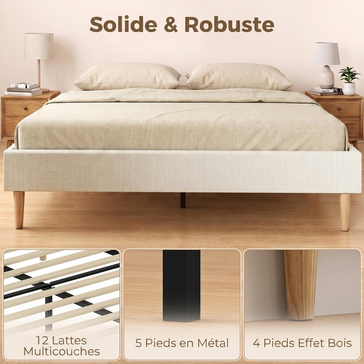 Cadre de Lit 140 x 190 cm avec Sommier, Lit Double Rembourré en Velours Côtelé, Espace de Rangement Au-Dessous, Crème-4
