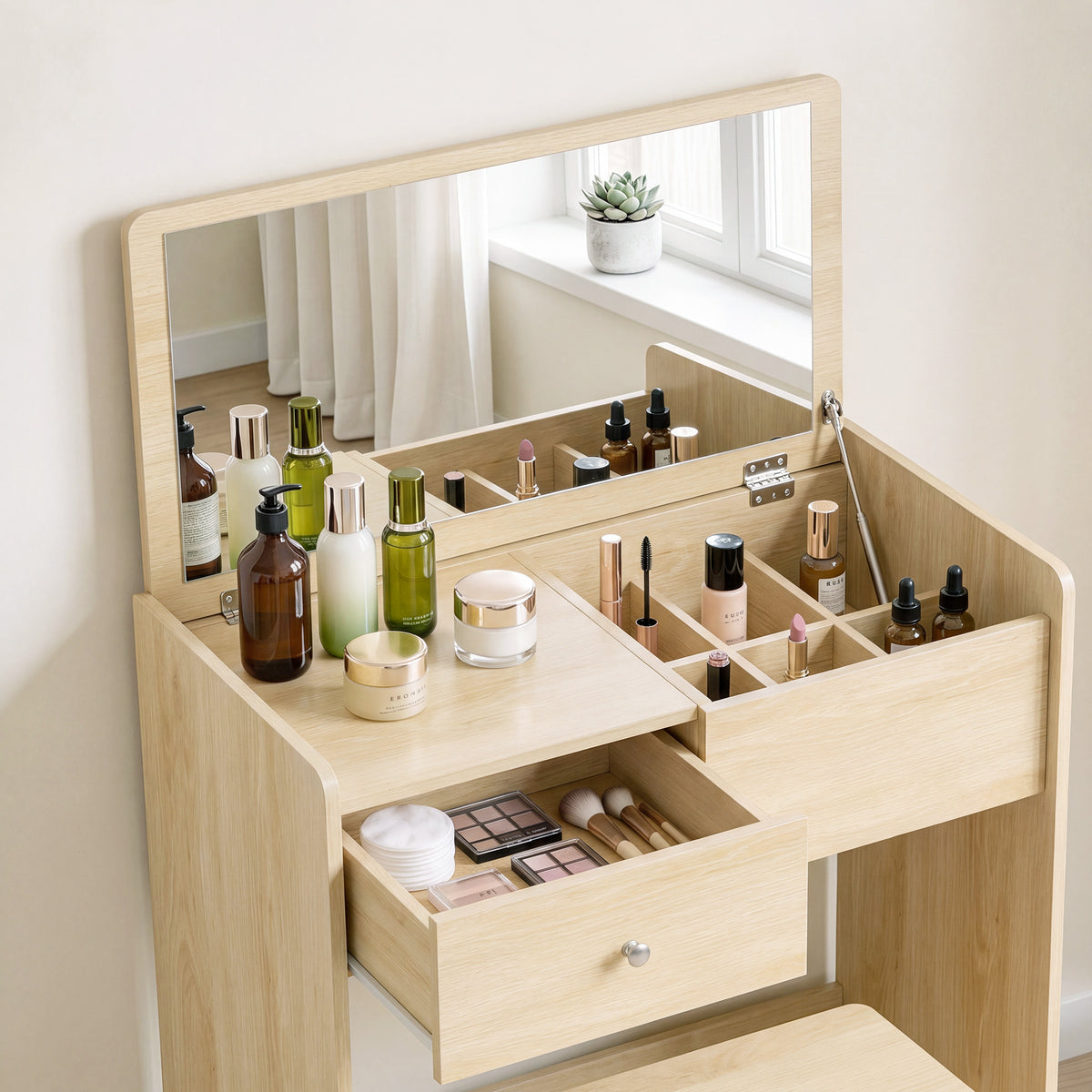 Coiffeuse Bureau 2 en 1 avec Miroir Rabattable et Tabouret, Table de Maquillage avec Tiroir et 6 Compartiments, Chêne-9