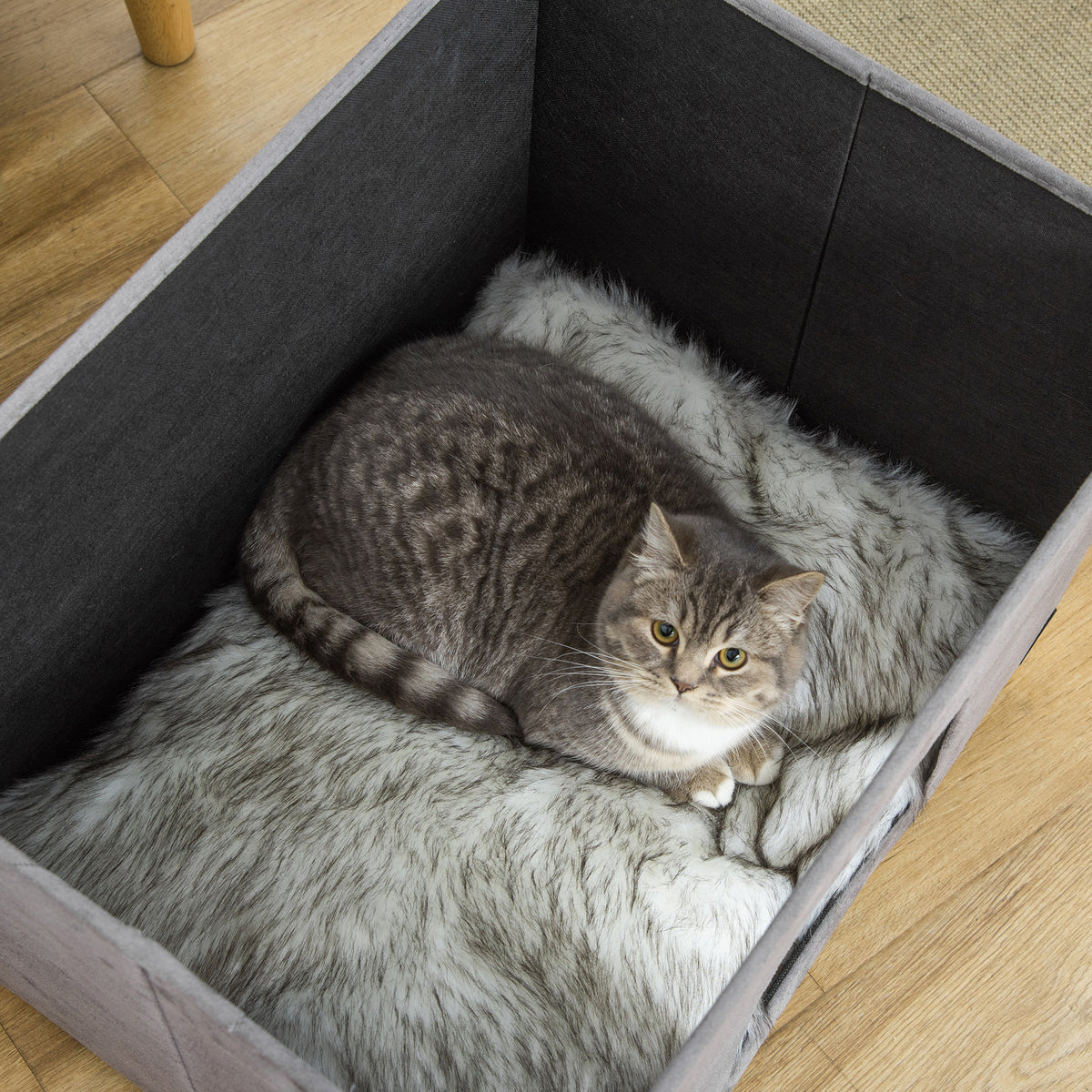 Niche chat maison de chat design surélevé avec coussin amoviable et lavable en peluche doux repose-pieds, dessus ouvrable, gris-8