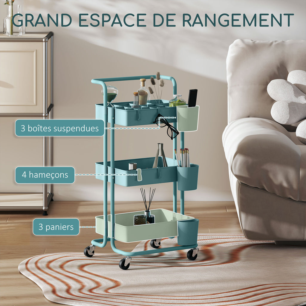 Chariot à 3 niveaux desserte avec 4 crochets et 3 boîtes suspendues amovibles pour 42 x 38 x 86,5 cm bleu-vert-3