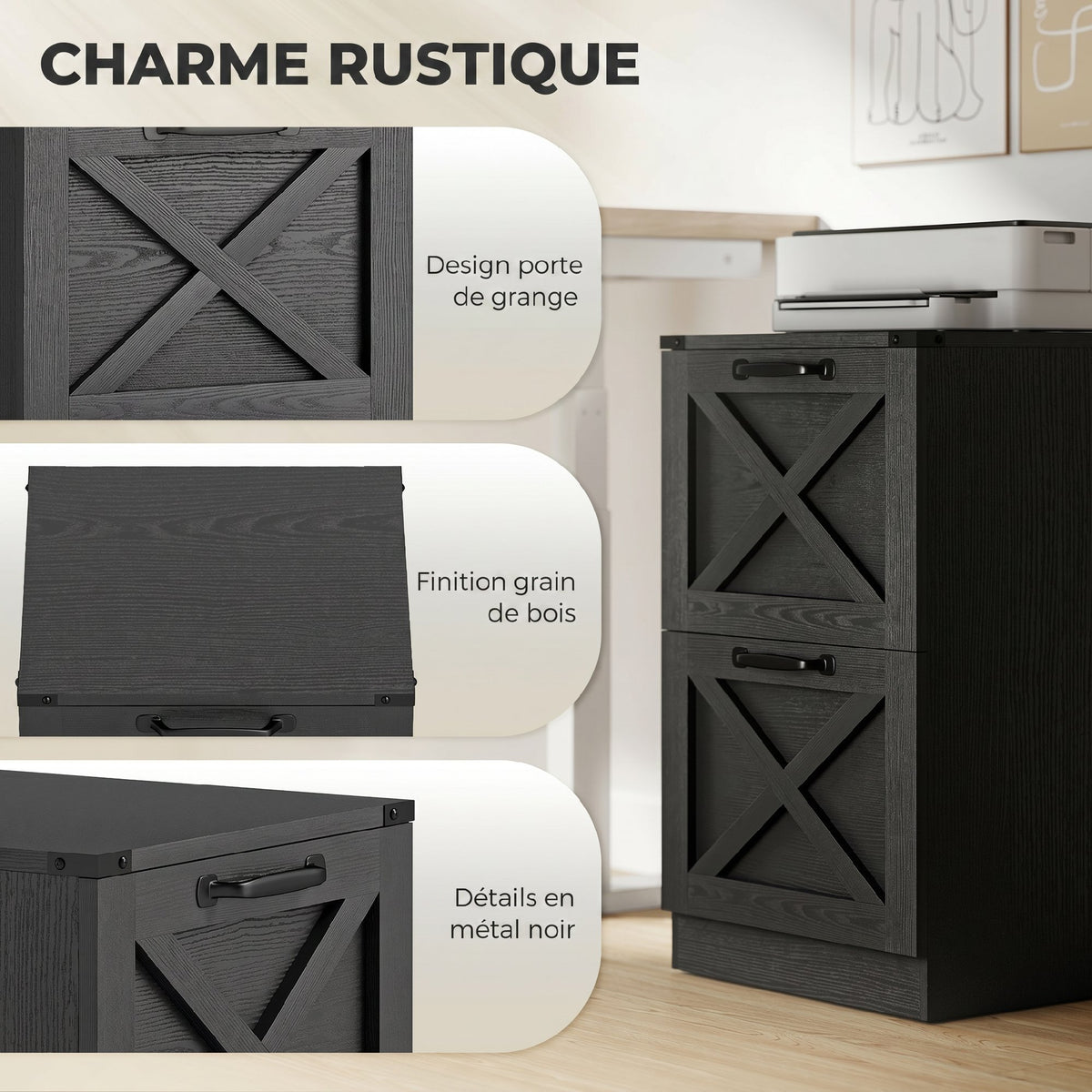 Caisson de Bureau avec 2 Tiroirs, Dossiers Suspendus pour Formats Lettre/A4, Style Rustique, 40x40x71cm, Noir-3