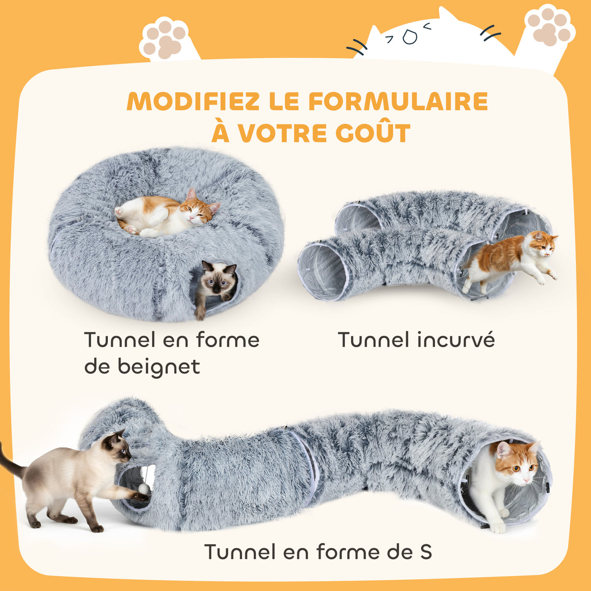 Tunnel pour Chat Intérieur avec Lit de Chat en Forme de Donut, Coussin Circulaire Lavable, 90x80x27cm, Gris Clair-3