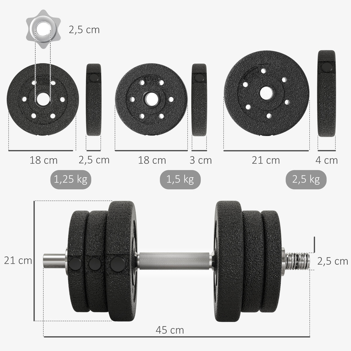 Ensemble d'haltères courtes total 25 kg dumbbell paires poids réglable - barres incluses acier polyuréthane noir-2