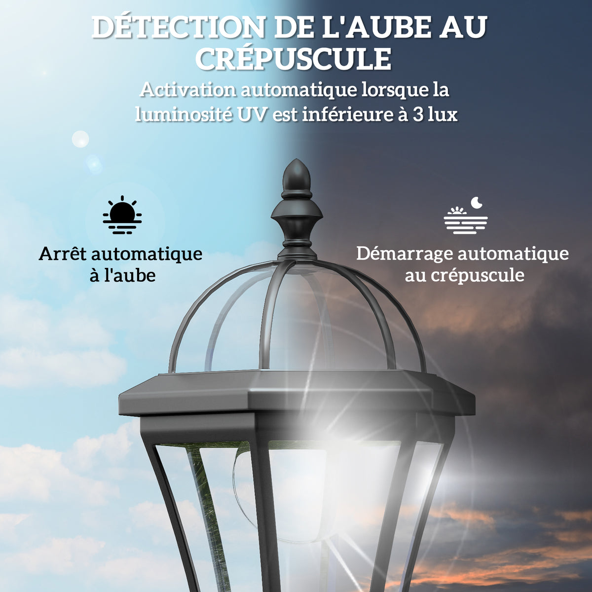2 lampadaires sur pied solaires d'extérieur jardin avec 2 lampes LED blanc 6000K IP44 Ø18,5 x 129H cm noir-4