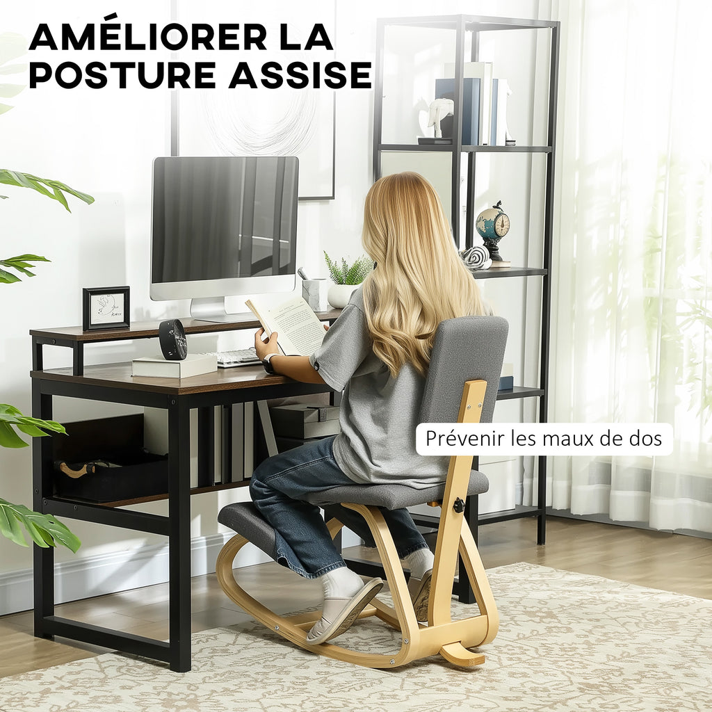 Siège assis genoux, siège ergonomique en bois à bascule avec dossier, chaise à genoux pour bureau à domicile, gris-3