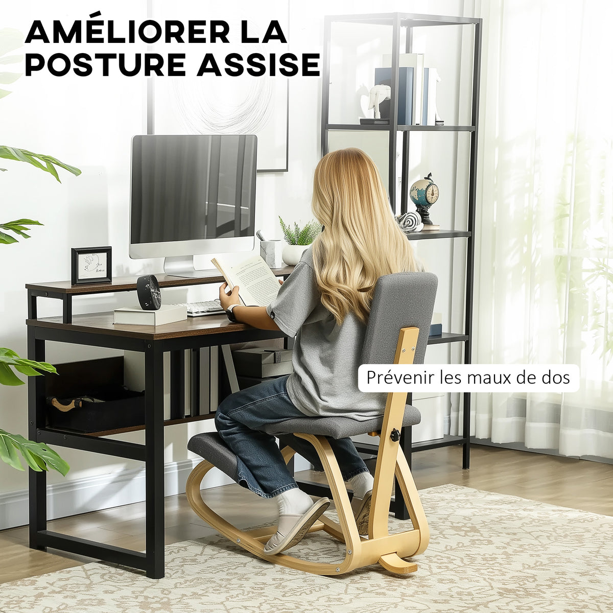 Siège assis genoux, siège ergonomique en bois à bascule avec dossier, chaise à genoux pour bureau à domicile, gris-3