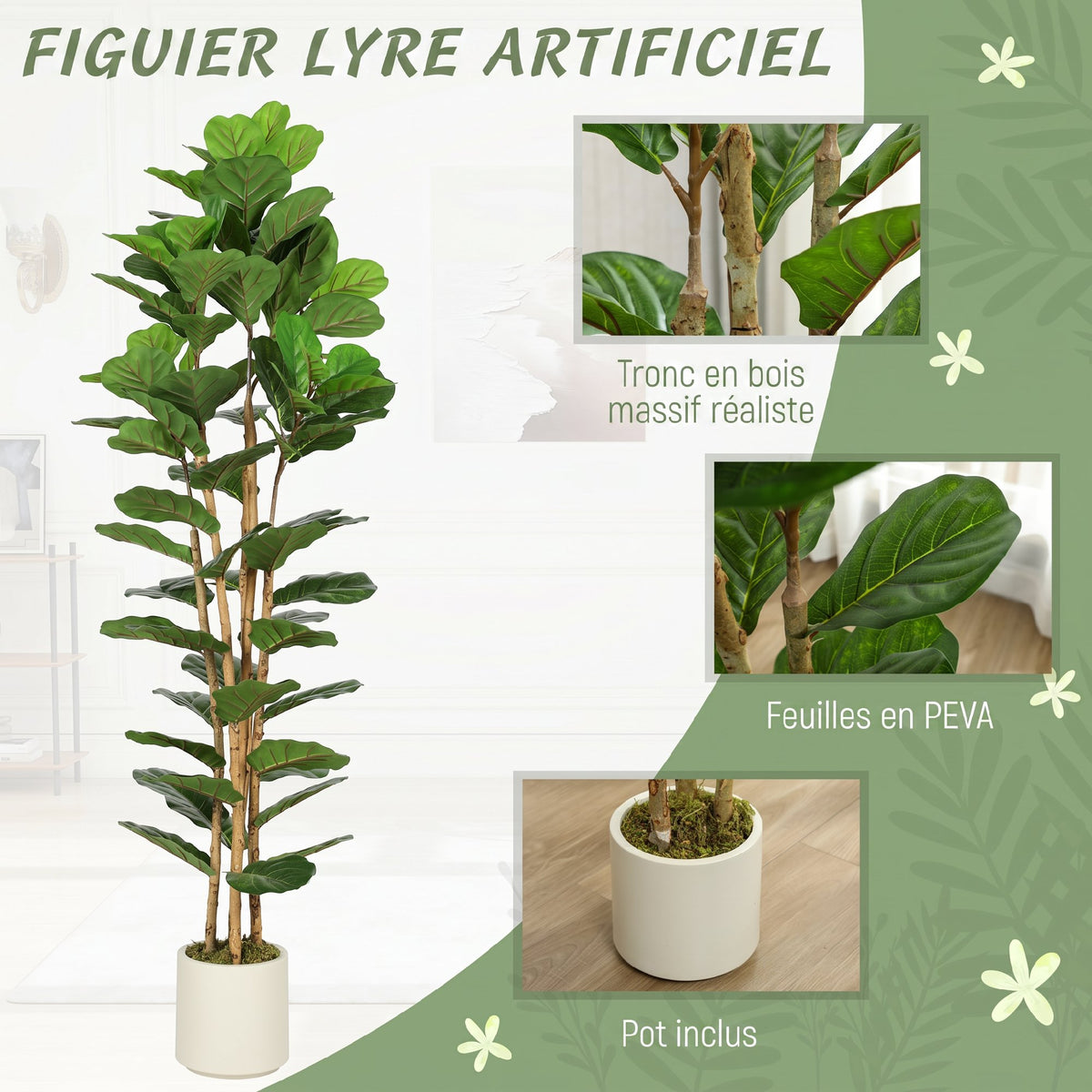 Plante artificielle intérieure 180 cm Figuier lyre arbre artificiel avec pot en plastique et tronc en bois massif, vert-3