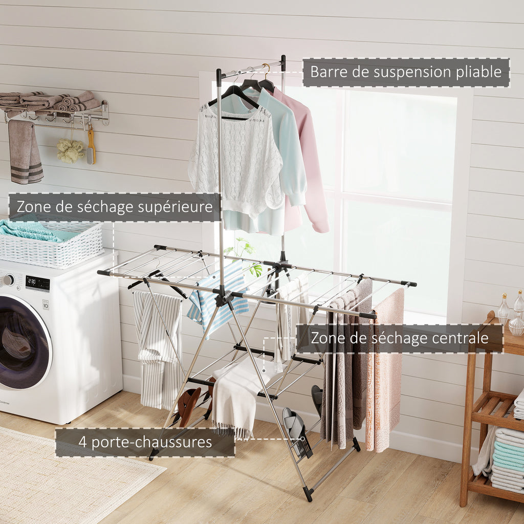 Séchoir à linge étendoir pliable, ailes réglables 5 niveaux, 4 supports à chaussures, acier inoxydable, argenté-3