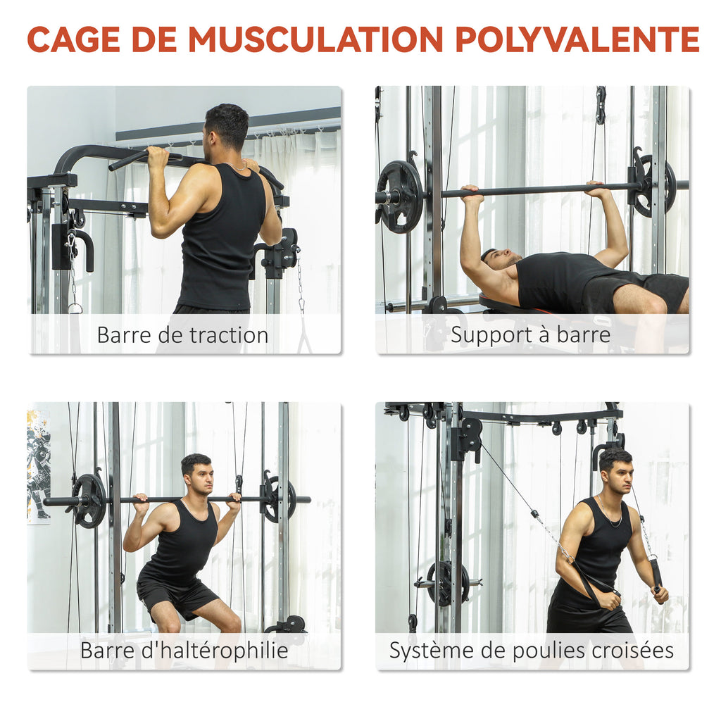 Station de musculation station de traction à câble support à squat barre câble cross-over 210 x 132 x 225 cm noir