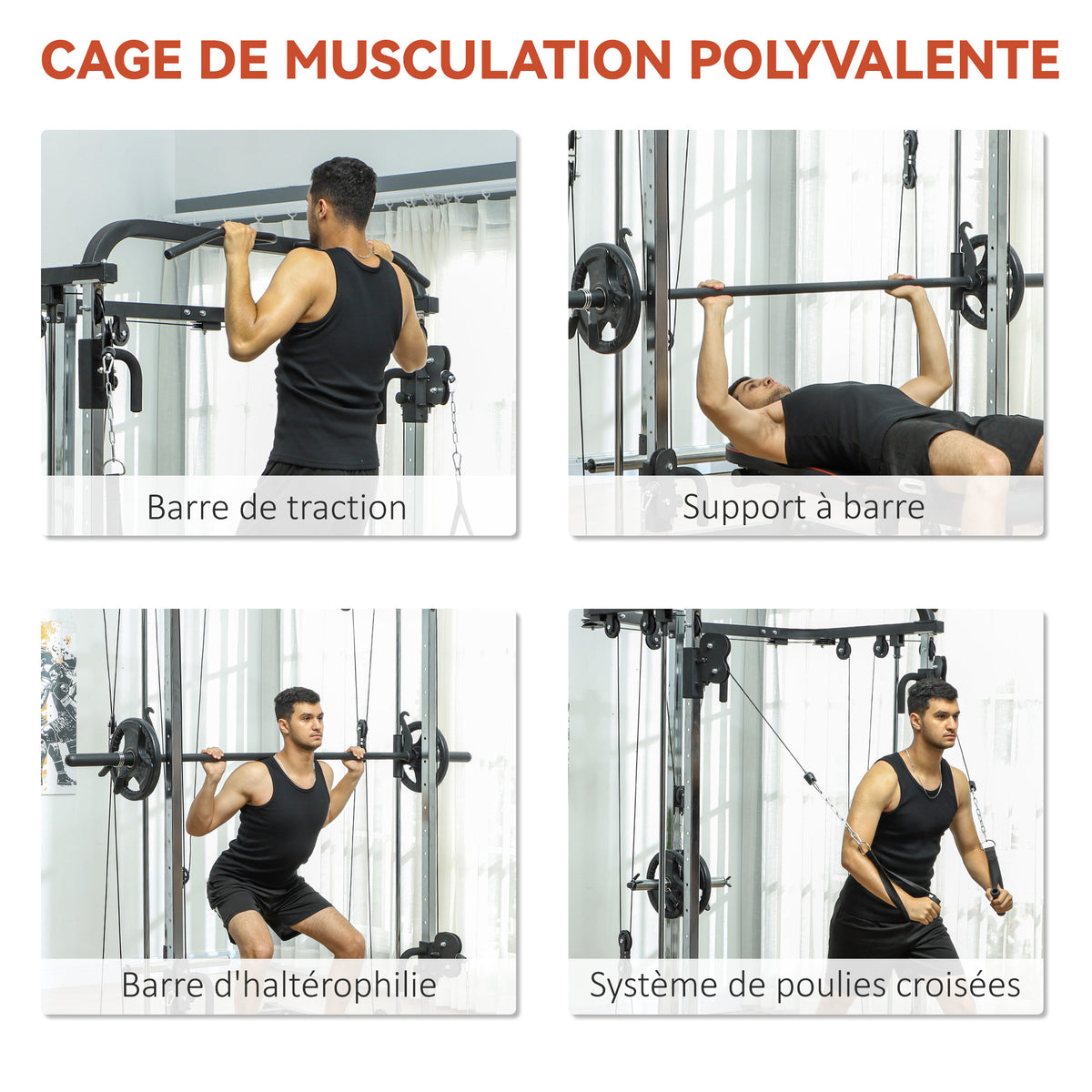 Station de musculation station de traction à câble support à squat barre câble cross-over 210 x 132 x 225 cm noir-3