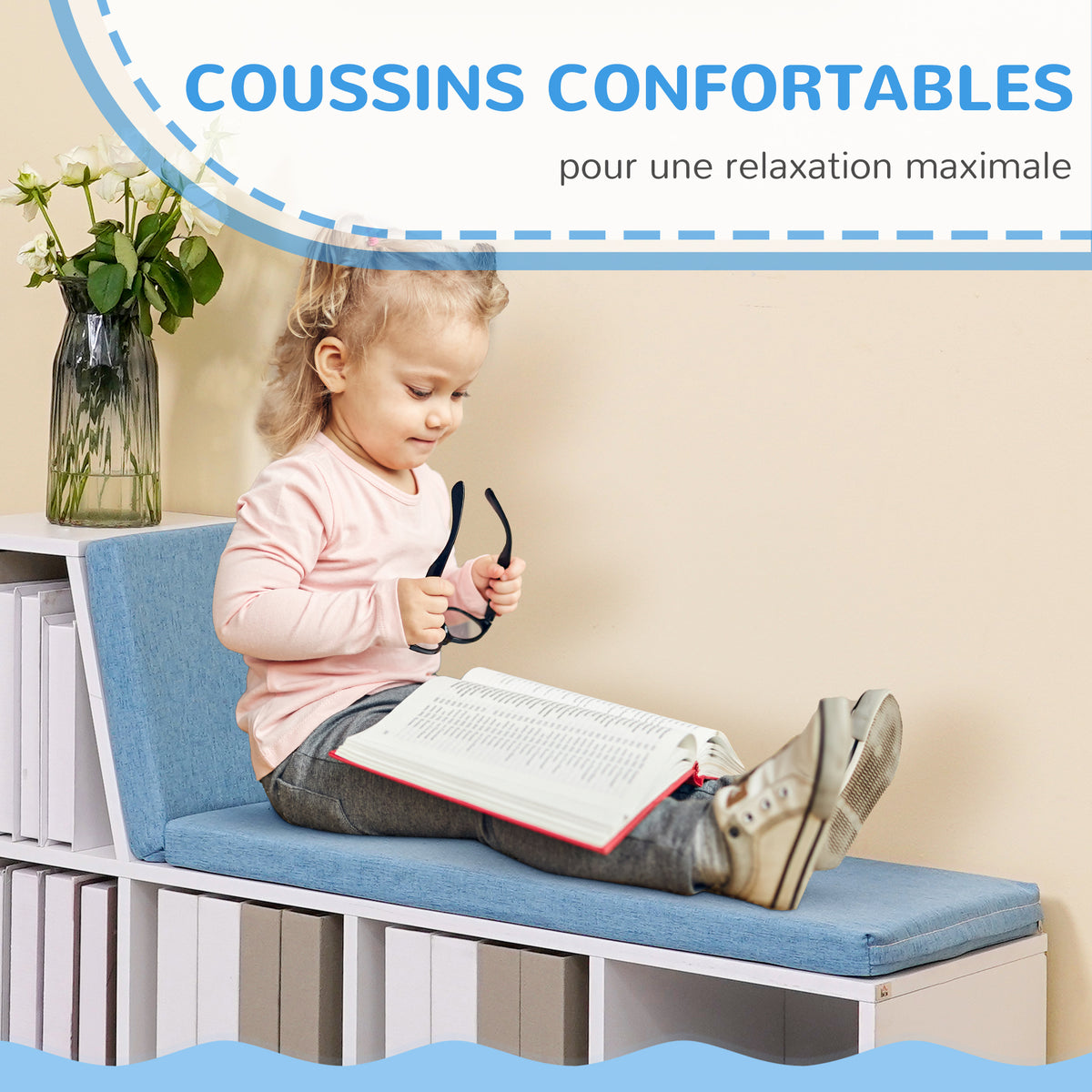 Bibliothèque banc 2 en 1 avec 5 compartiments de rangement et 2 coussins 108 x 30 x 60 cm blanc bleu-5