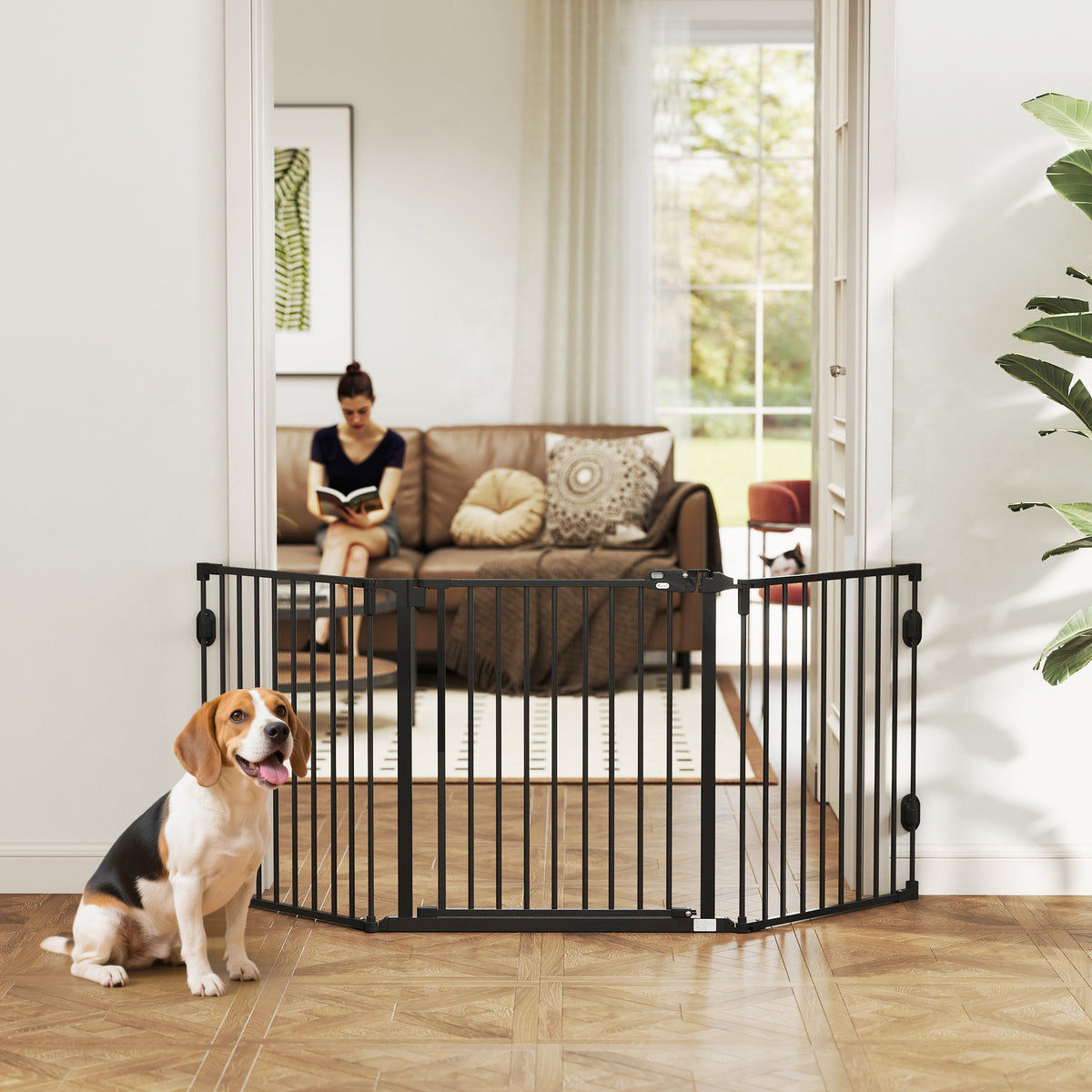 Barriere de securite chien pliable avec porte en acier 3 panneaux modulable fermeture automatique 202,5 x 2 x 76 cm noir-1