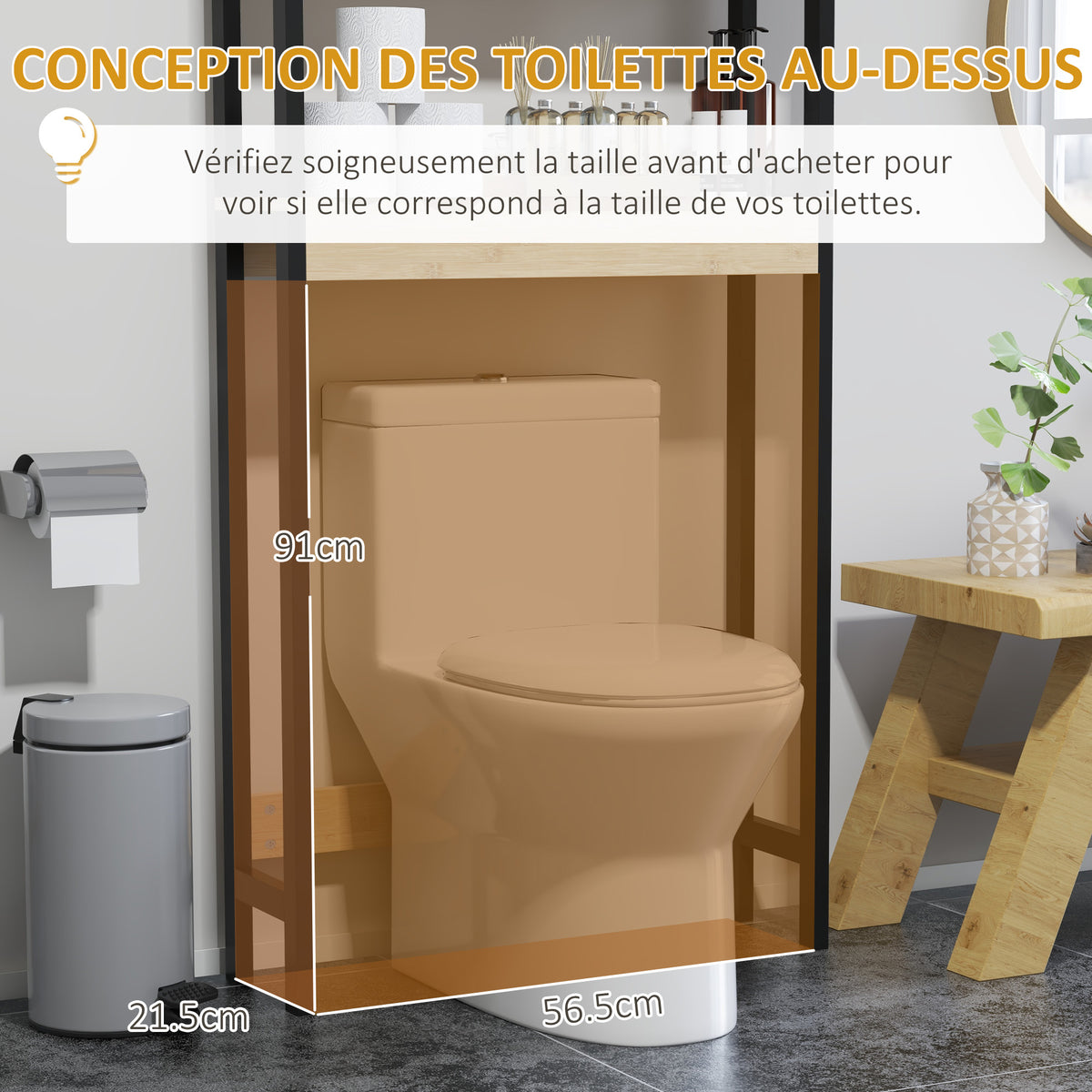 Étagère de toilettes meuble de salle de bain dessus toilette WC avec placard 2 portes et étagère ouverte bambou-4