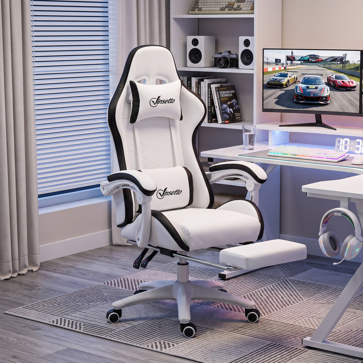 Siège gaming fauteuil gaming dossier inclinable 135° avec appui-tête repose-pieds 65l x 65P x 121-129H cm blanc et noir-1