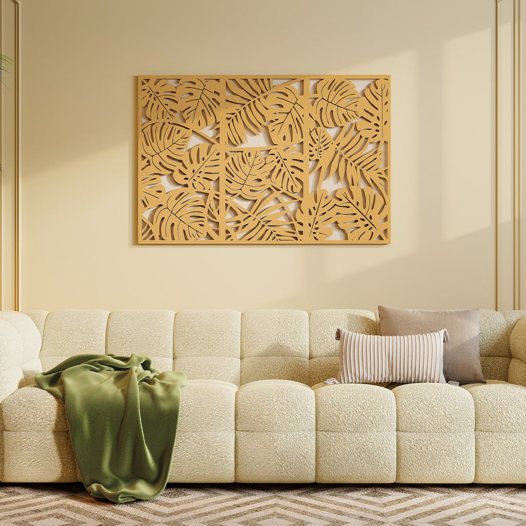 Ensemble de 3 Décorations Murales en Bois 3D, 40 x 80 cm, Feuilles Tropicales, Effet Bois Naturel-8