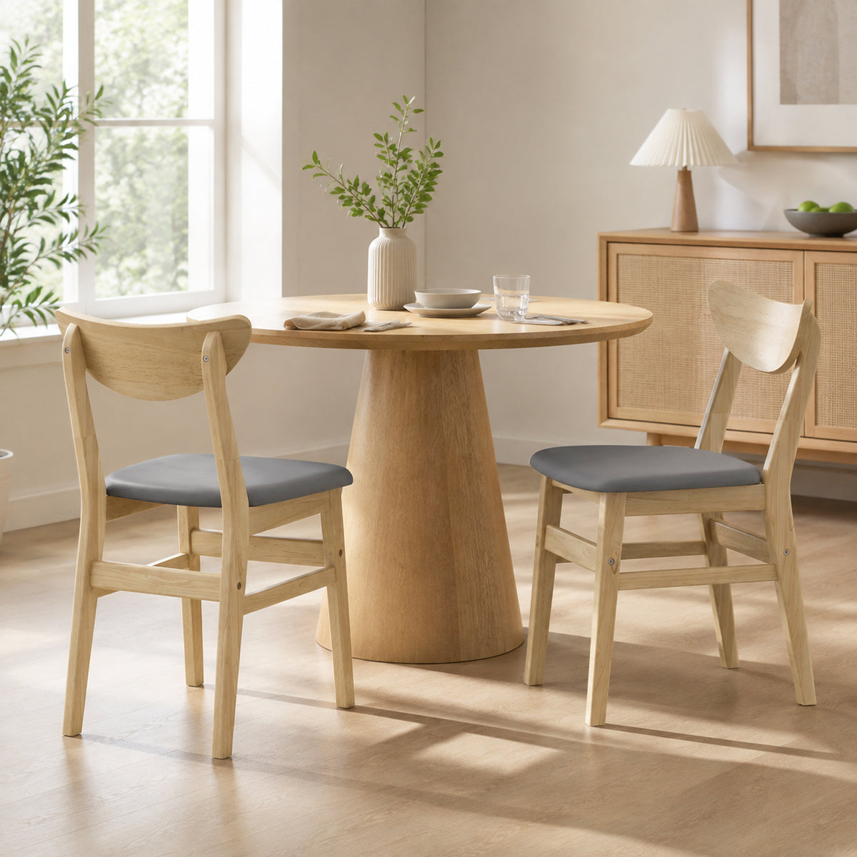 Lot de 2 Chaises de Salle à Manger, Chaises Cuisine, Assise Rembourrées en Lin, Dossier Incurvé, Gris et Bois Naturel-1